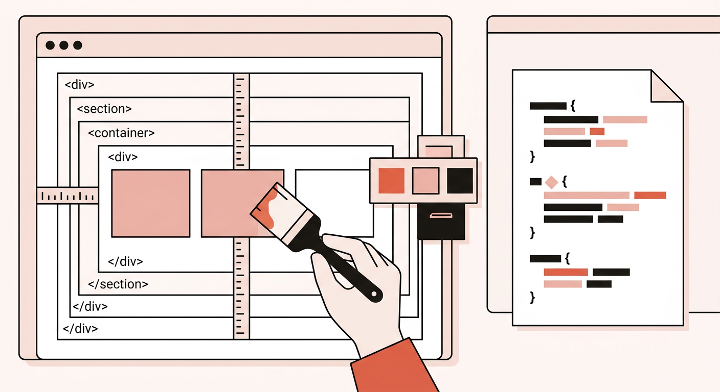 Flat vector illustration of a beginner styling a simple webpage with color swatches and layout boxes