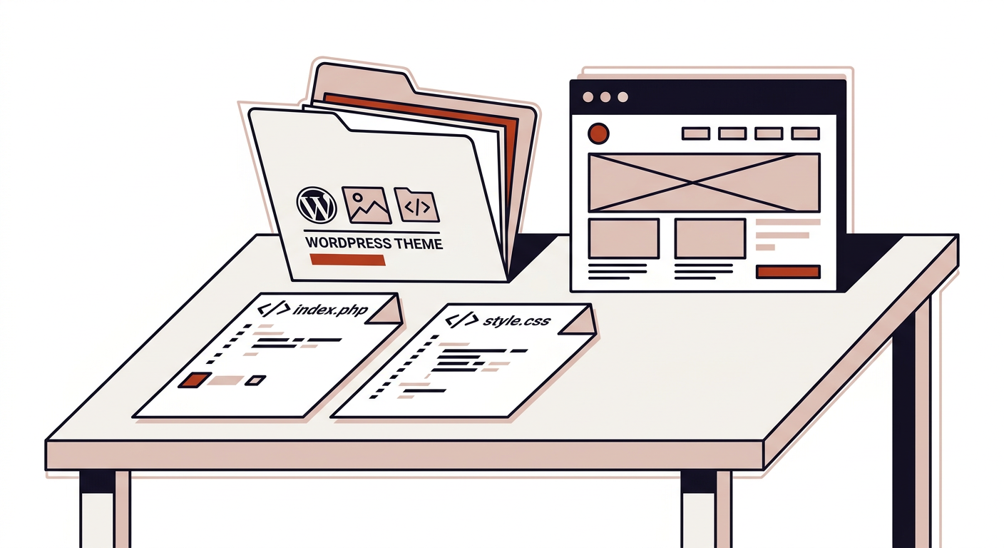 Flat vector illustration of a WordPress theme folder with template files and a simple site layout