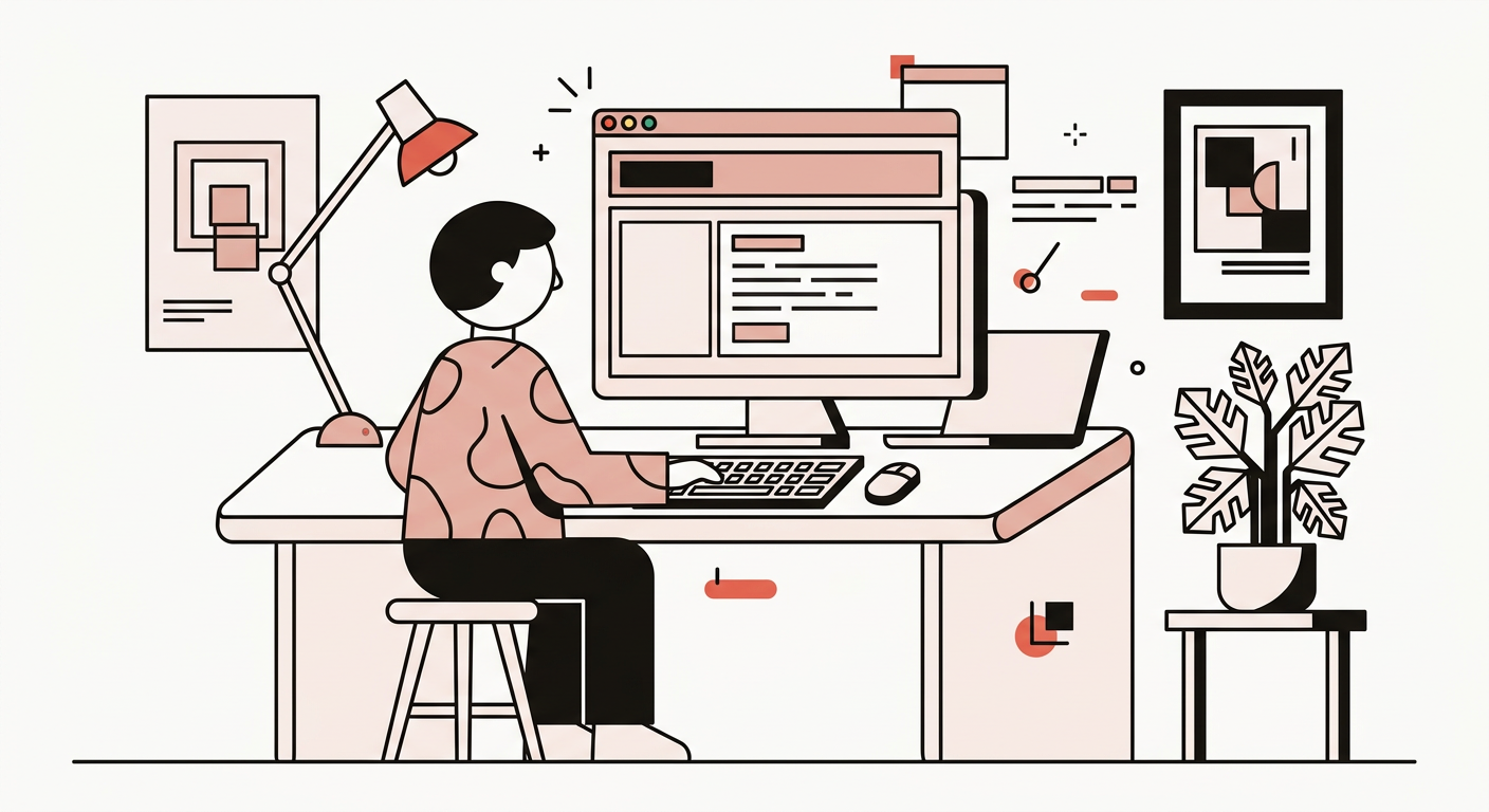 Flat vector illustration of a beginner building a first HTML page as nested boxes in a browser window