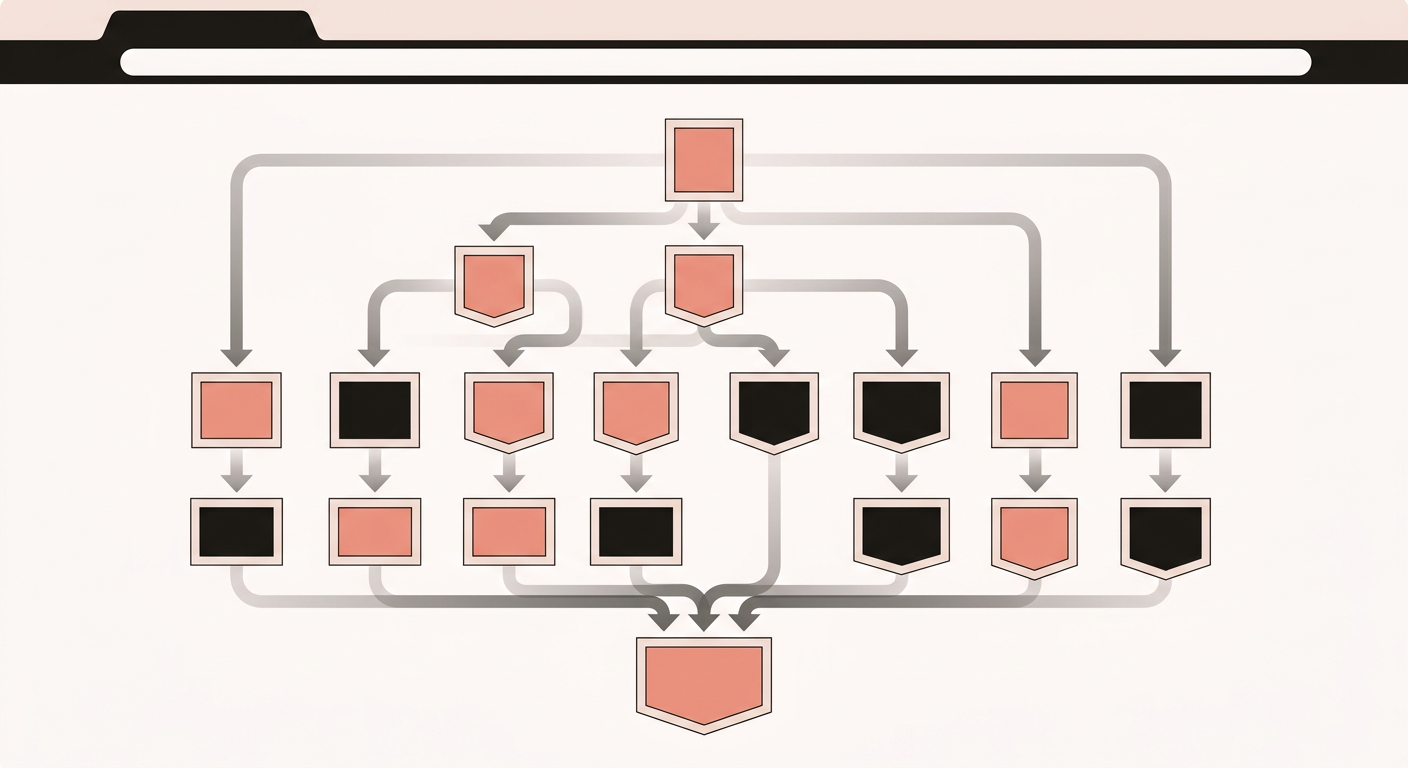 Flat vector illustration of template files cascading down a hierarchy to a fallback
