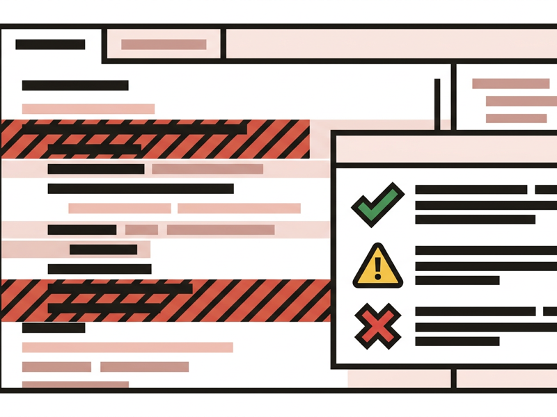 Flat vector illustration of a terminal showing console log output with check, warning, and error markers