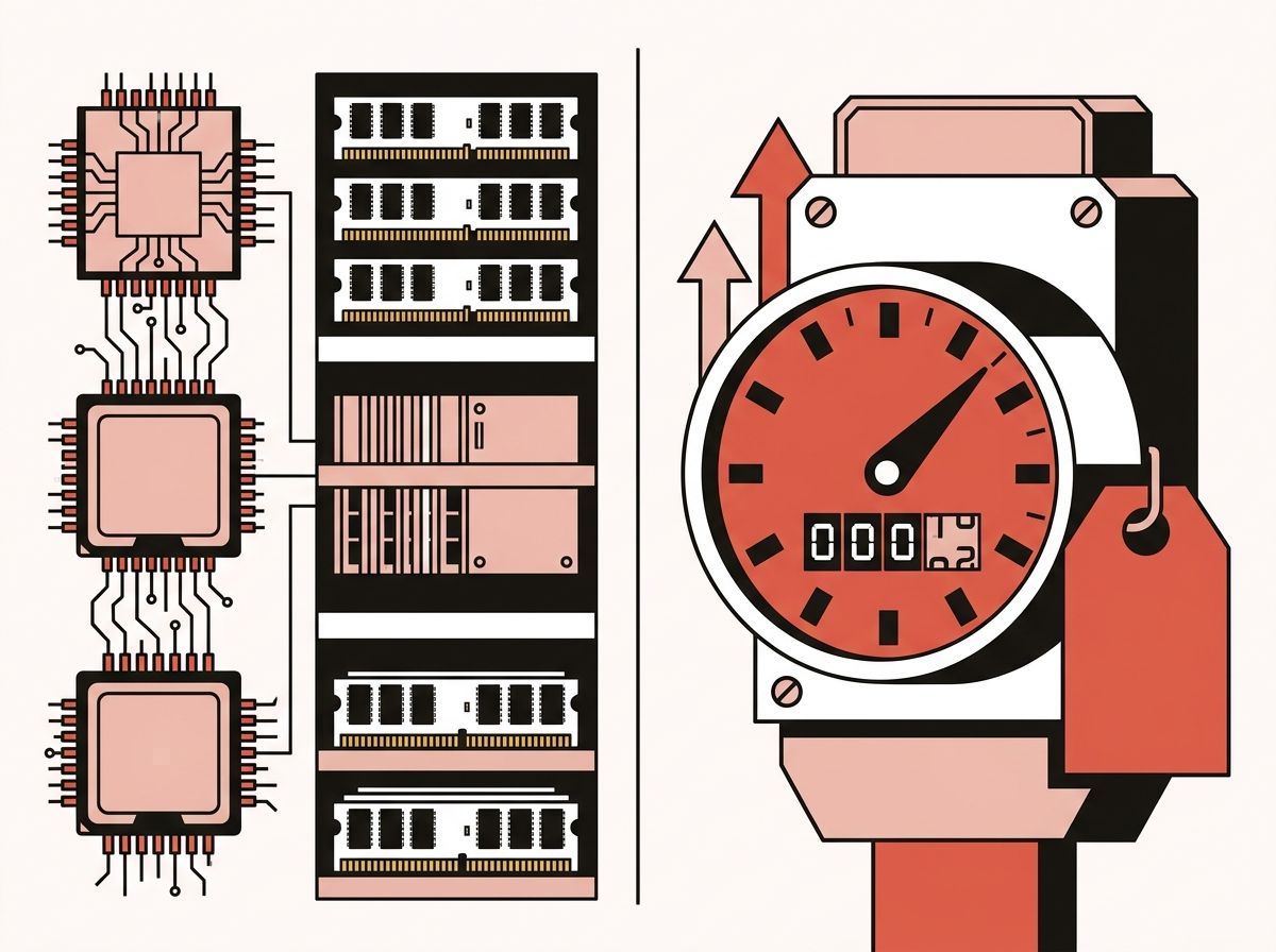 Illustration of server hardware resources compared against a rising cloud subscription meter