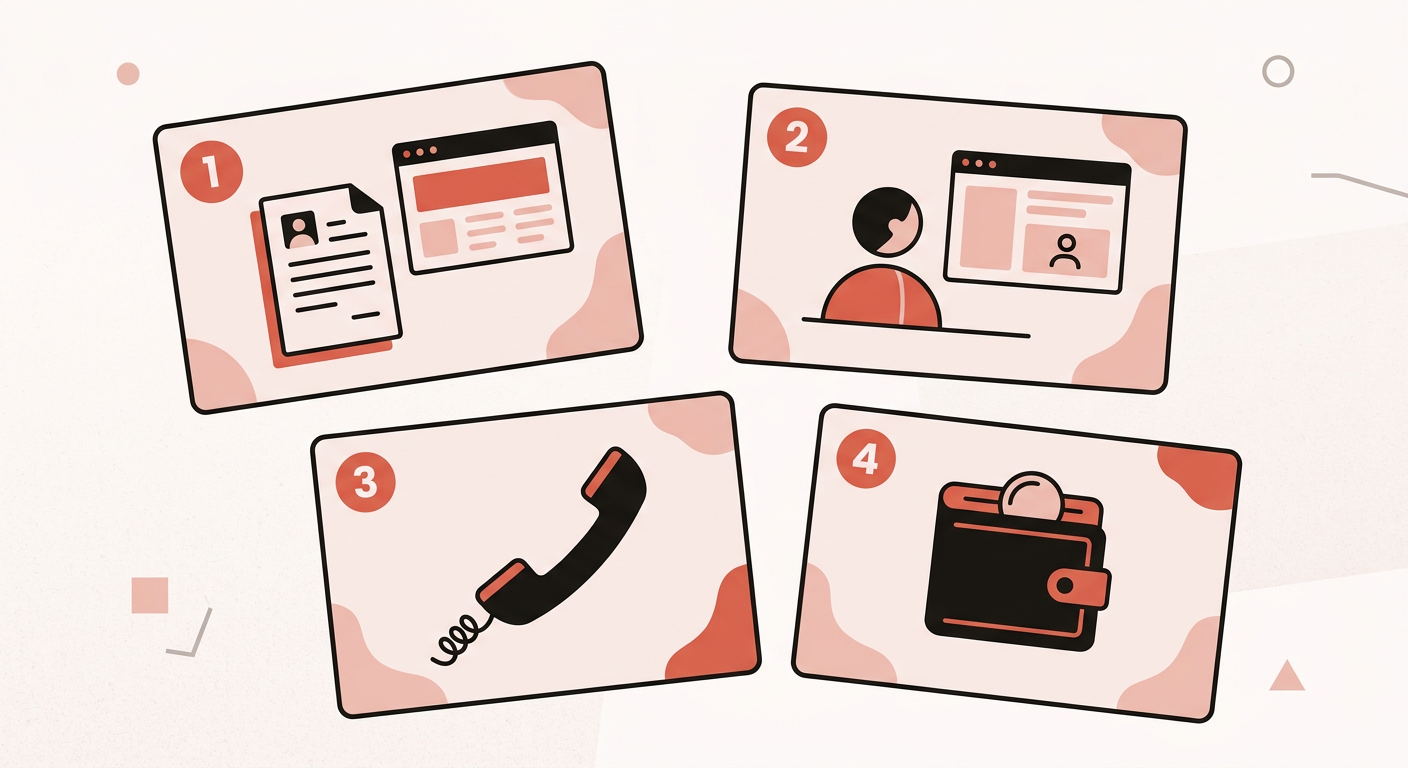 Flat vector illustration of four question cards on a desk, covering content versus app, who edits, who maintains, and hosting budget
