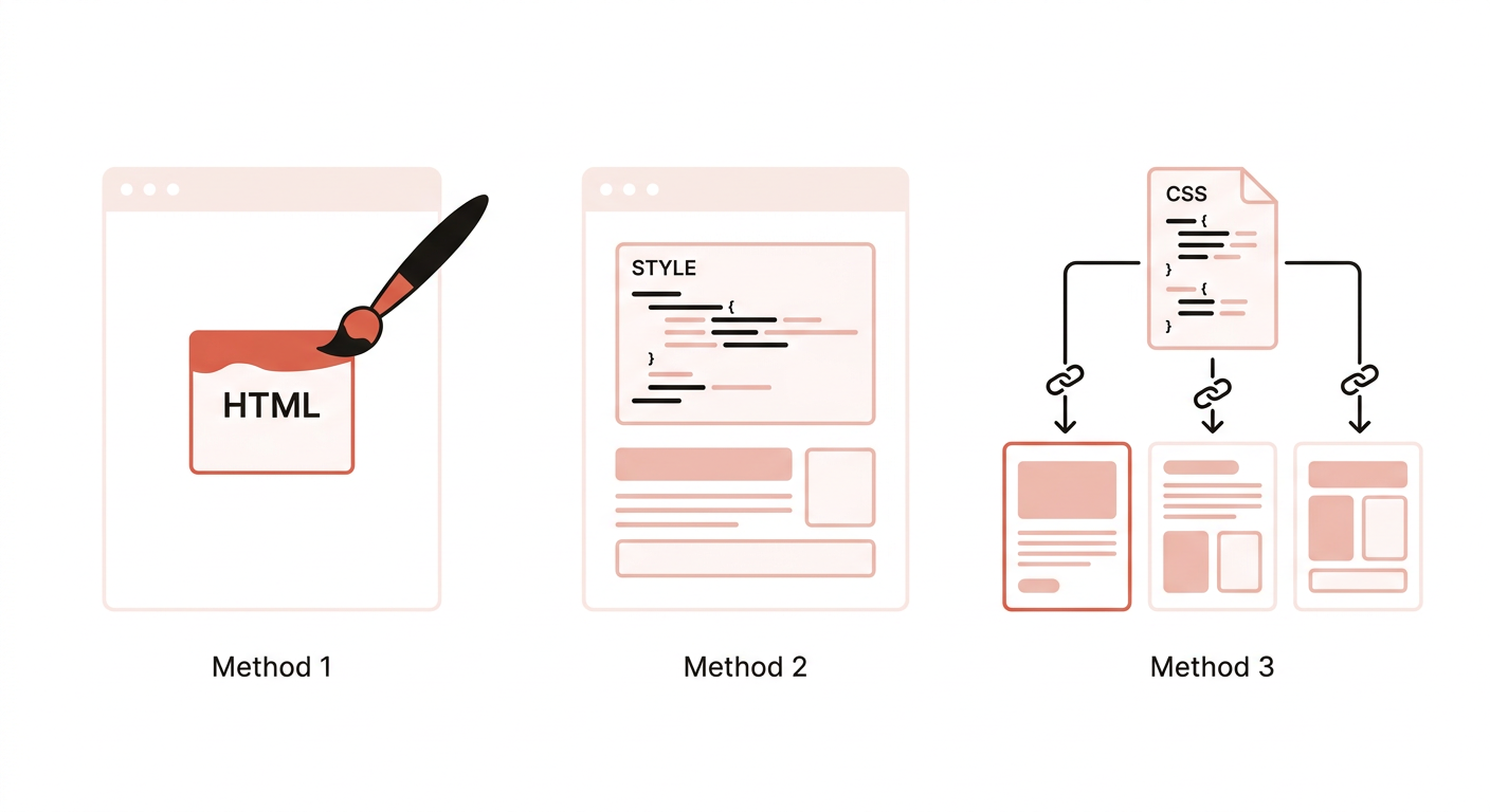 Flat vector illustration of three ways to apply CSS: paint on one box, a style block on a page, and a separate stylesheet linked to several pages