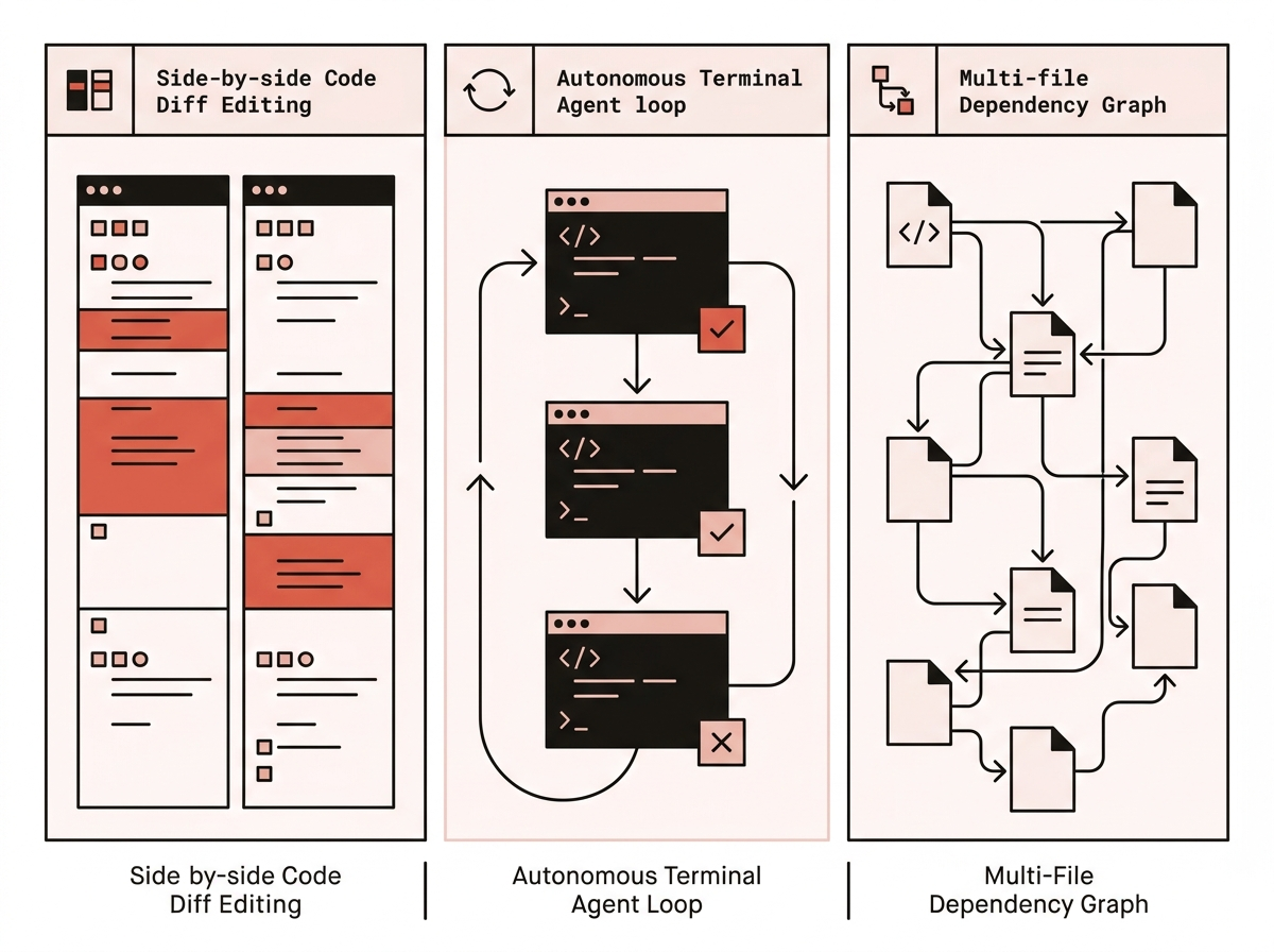 Comparison diagram of in-editor diff editing, autonomous terminal agent loops, and multi-file dependency flows