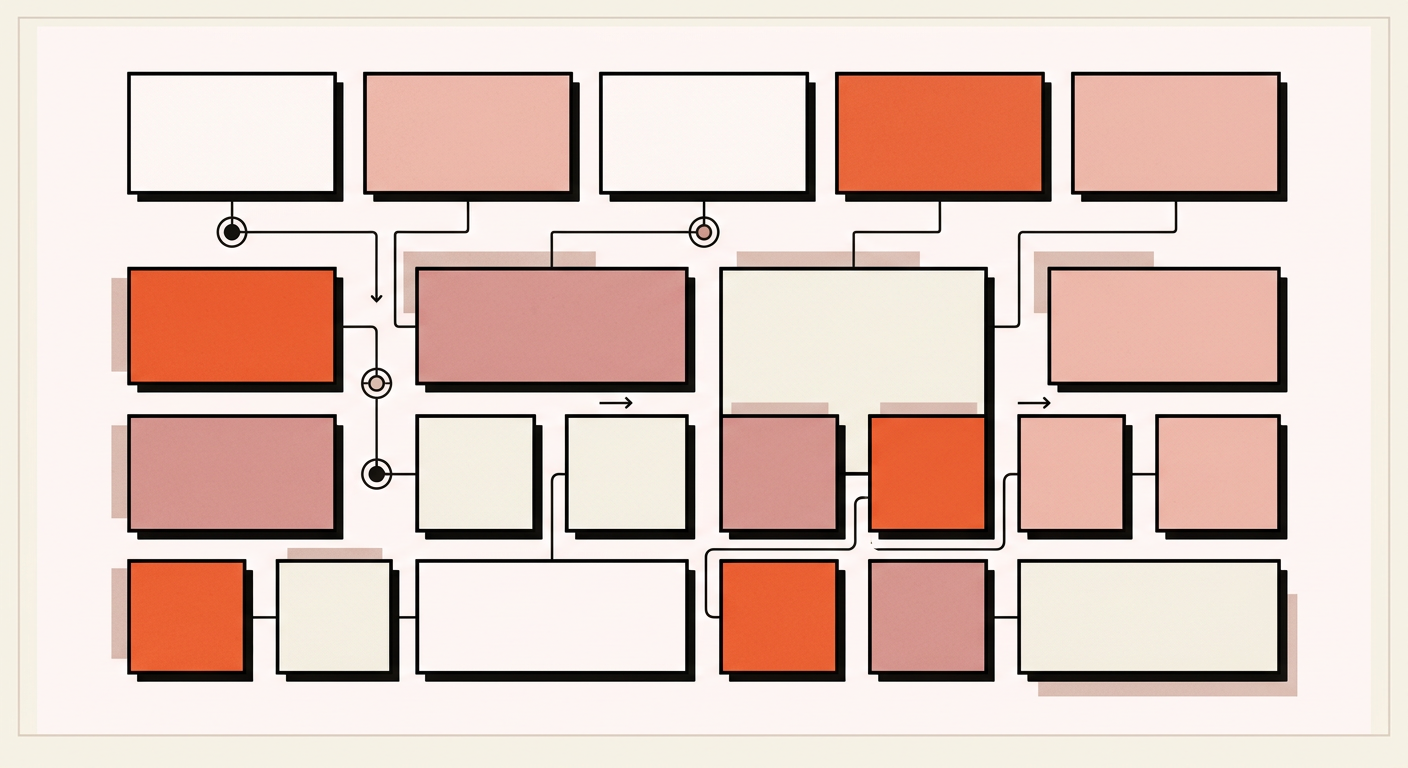 Flat vector illustration of layout boxes arranging into a flex row and a two-dimensional grid