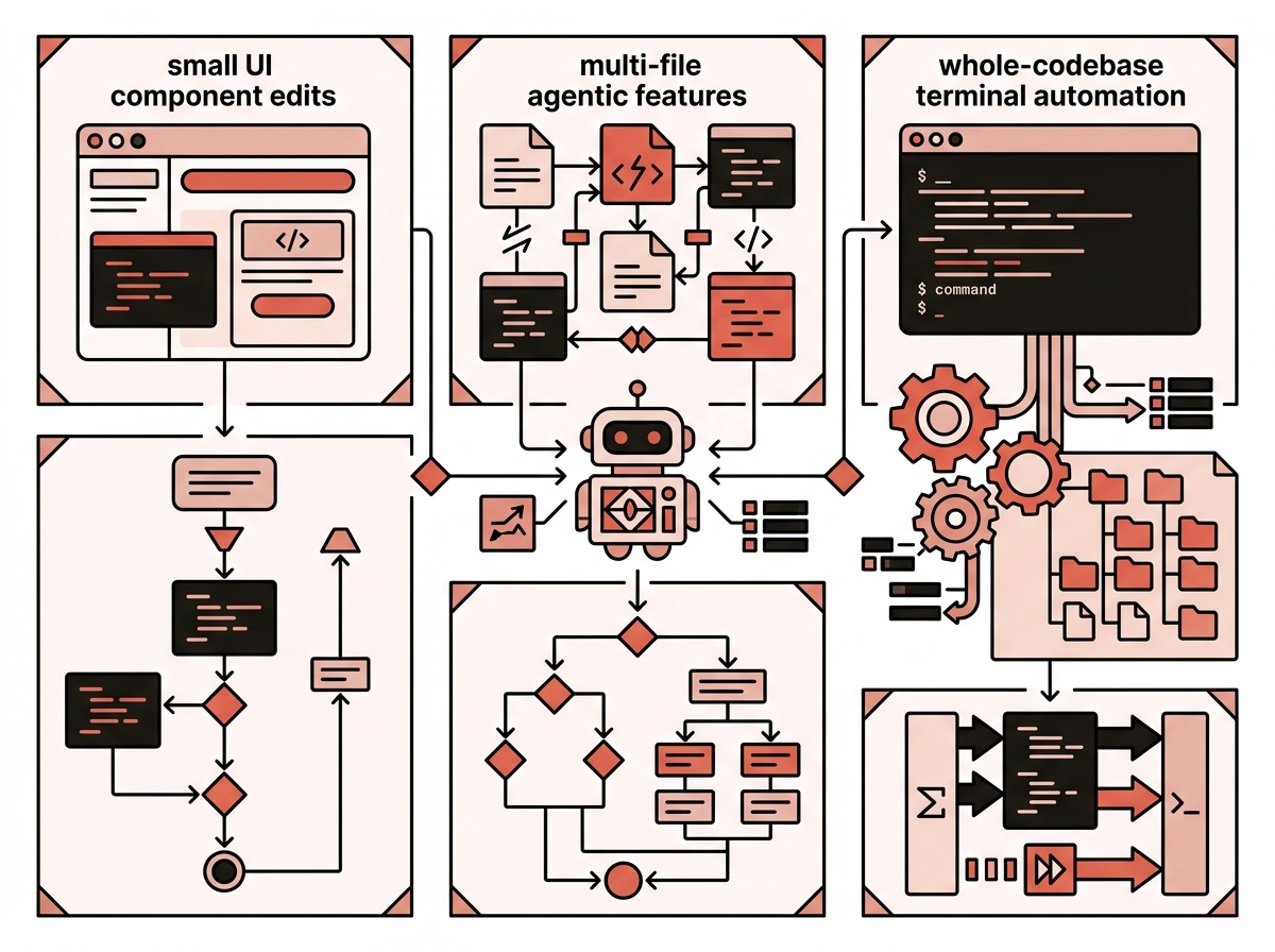 Decision tree showing how freelancers triage coding tasks across small UI edits, multi-file features, and whole-codebase automation