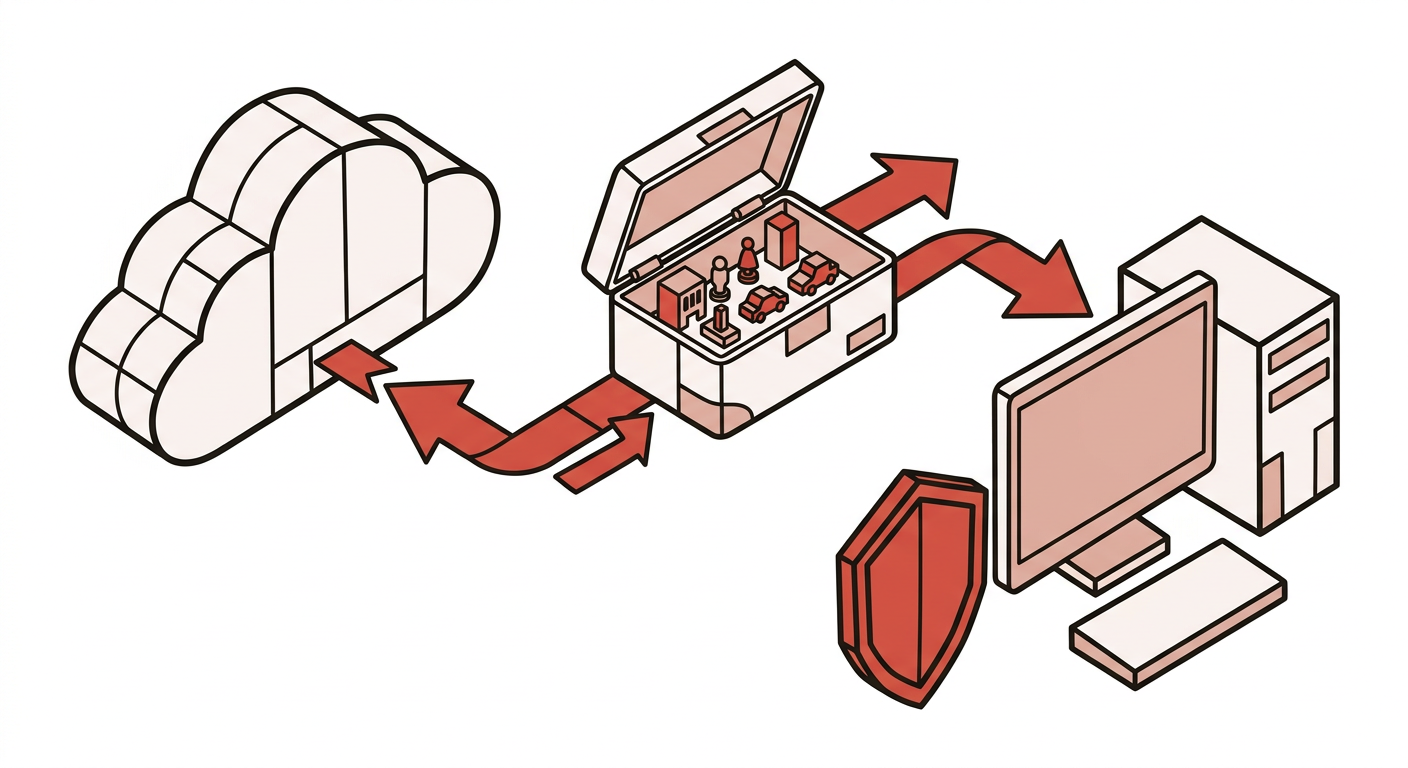 Flat vector illustration of open-weight models moving between a cloud provider and self-hosted hardware