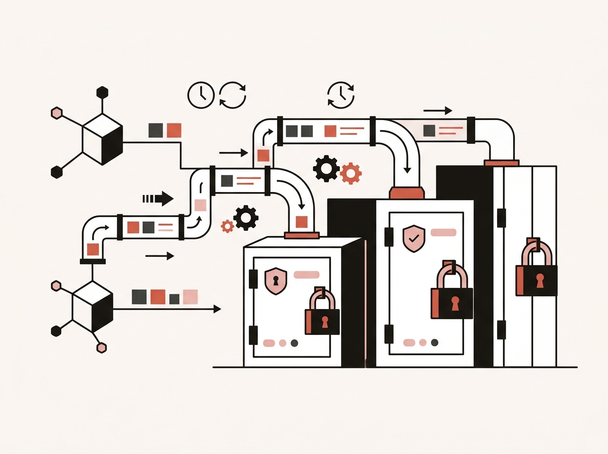 Illustration of automated offsite backup buckets and database synchronization pipelines