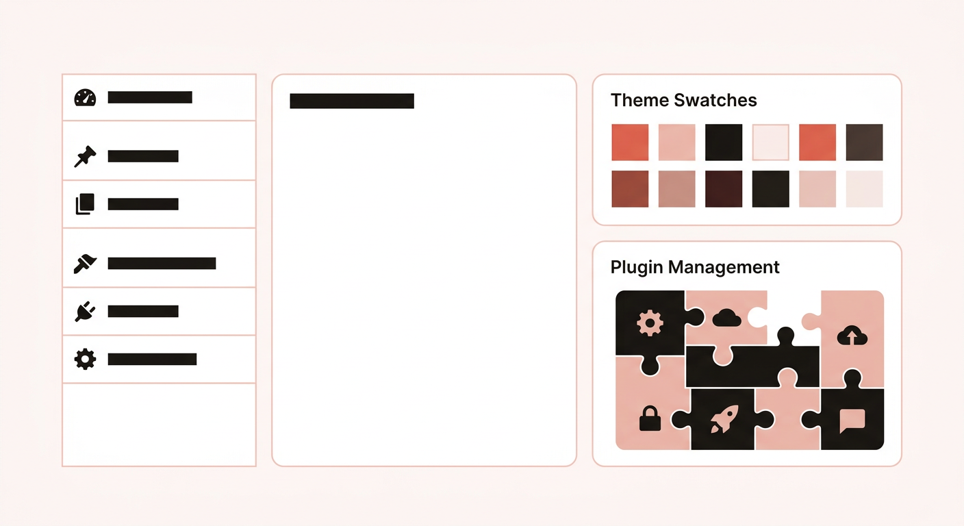 Flat vector illustration of WordPress themes, plugins, and menu blocks