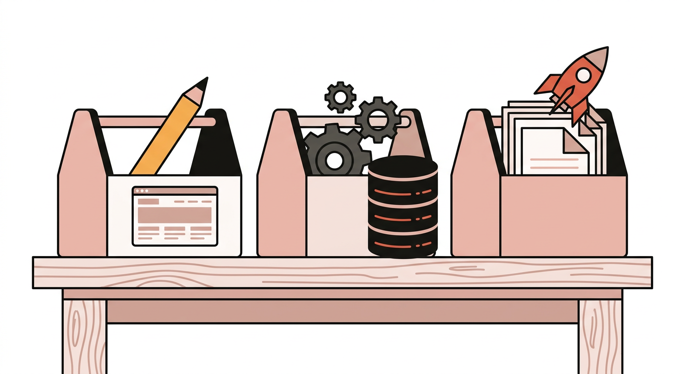 Flat vector illustration of three website toolkits: a browser CMS, a custom application engine, and a stack of static pages