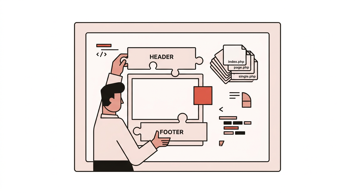 Flat vector illustration of a starter theme kit with header and footer pieces fitting a page frame