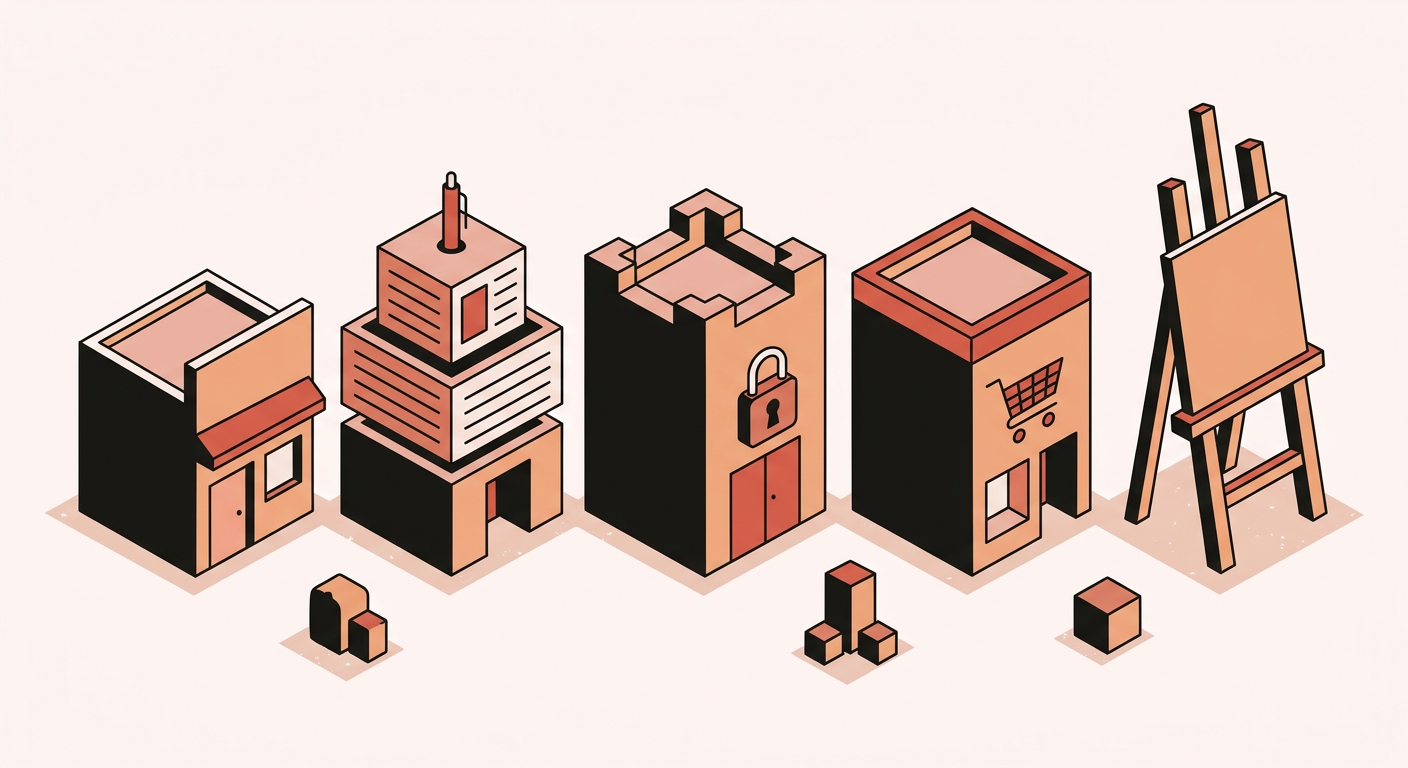 Flat vector illustration of different website types as simple buildings: a brochure storefront, a blog, a locked membership door, a shop, and a portfolio easel