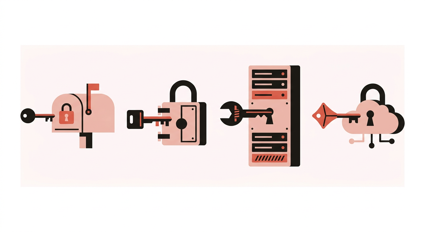 Flat vector illustration of matching different keys to different locks: a shared hosting box, a managed WordPress vault, a VPS rack, and a static cloud kite
