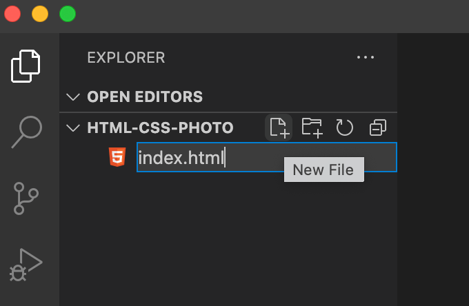 Screenshot of Visual Studio Code editor with a new index.html file