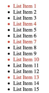 Screenshot of a list with pseudo-class selectors highlighting items